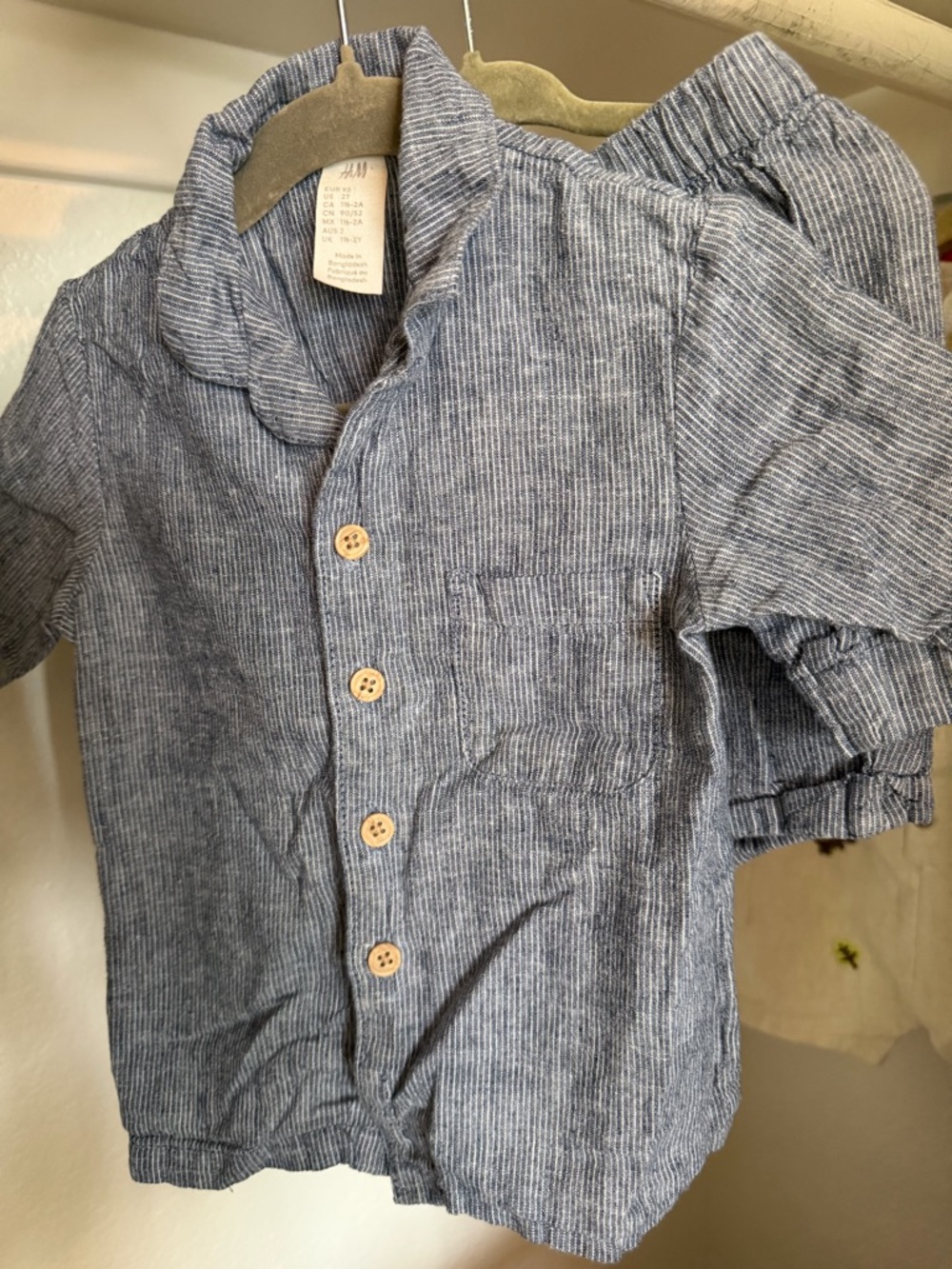 H&M Blue-Gray Striped Linen-Blend Button Shirt and Shorts Set